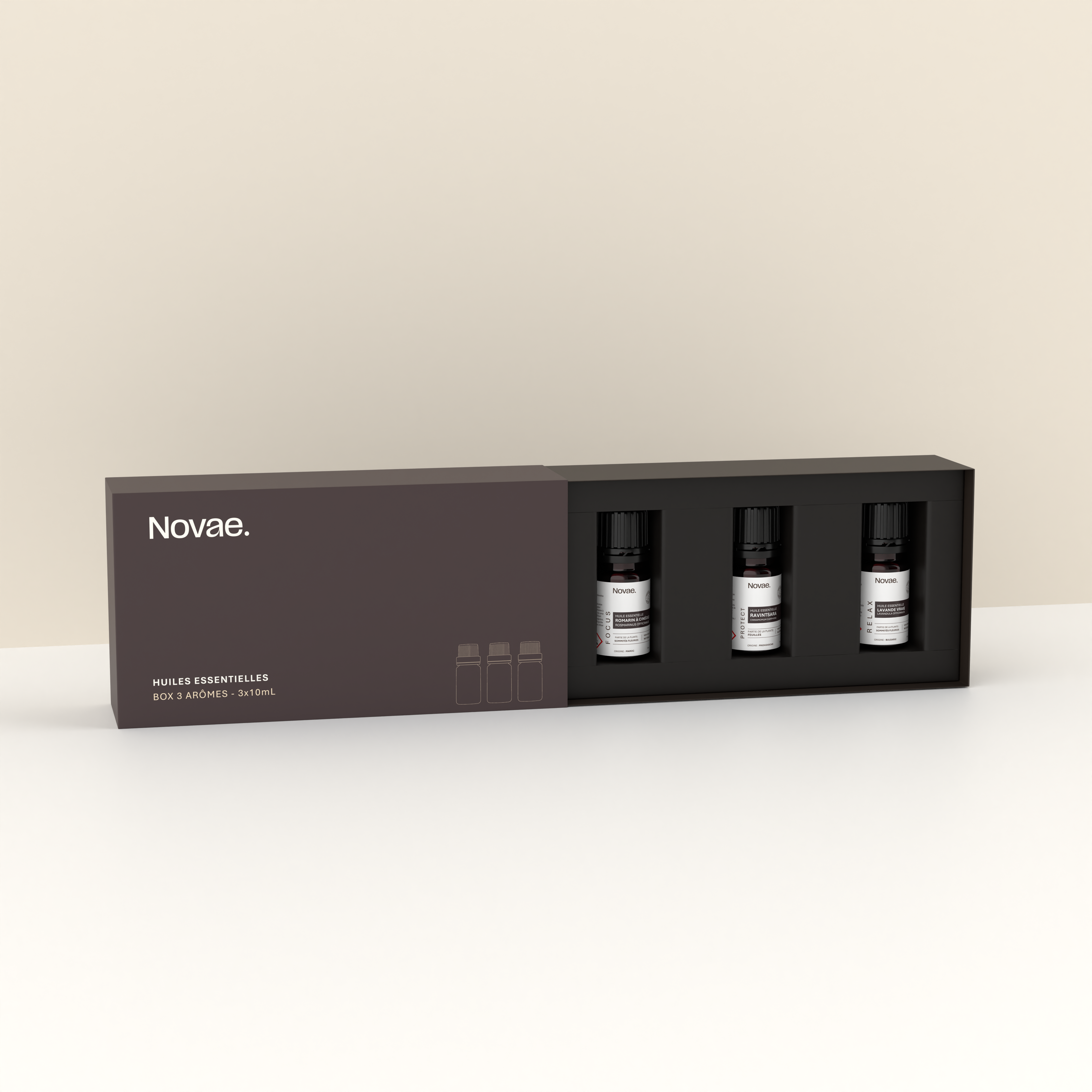 Coffret 3 arômes 100% naturels : Focus + Relax + Protect Novae.